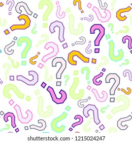 Quiz seamless pattern. Question marks, doubt, faq background. Simple endless repeating motif. Poll, survey, interrogation, query background. Template for opinion poll, public pollVector illustration.