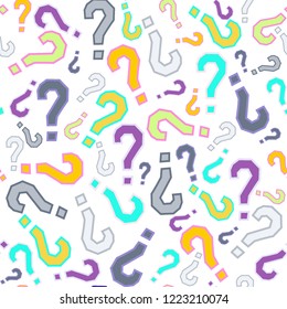 Quiz seamless pattern. Question marks, doubt, faq background. Simple endless repeating motif. Poll, survey, interrogation, query background. Template for opinion poll, public pollVector illustration.