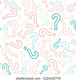 Quiz seamless pattern. Question marks, doubt, faq background. Simple endless repeating motif. Poll, survey, interrogation, query background. Template for opinion poll, public pollVector illustration.