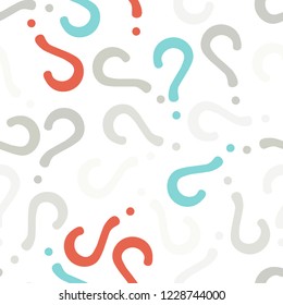 Quiz seamless pattern. Question marks, doubt, faq background. Simple endless repeating motif. Poll, survey, interrogation, query background. Template for opinion poll, public pollVector illustration.