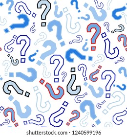 Quiz seamless pattern. Question marks, doubt, faq background. Simple endless repeating motif. Poll, survey, interrogation, query background. Template for opinion poll, public pollVector illustration.