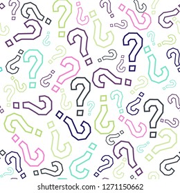 Quiz seamless pattern. Question marks, doubt, faq background. Simple endless repeating motif. Poll, survey, interrogation, query background. Template for opinion poll, public pollVector illustration.