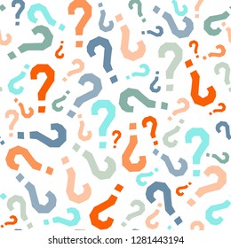 Quiz seamless pattern. Question marks, doubt, faq background. Simple endless repeating motif. Poll, survey, interrogation, query background. Template for opinion poll, public pollVector illustration.