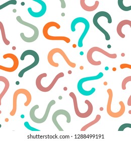 Quiz seamless pattern. Question marks, doubt, faq background. Simple endless repeating motif. Poll, survey, interrogation, query background. Template for opinion poll, public pollVector illustration.