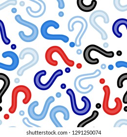 Quiz seamless pattern. Question marks, doubt, faq background. Simple endless repeating motif. Poll, survey, interrogation, query background. Template for opinion poll, public pollVector illustration.
