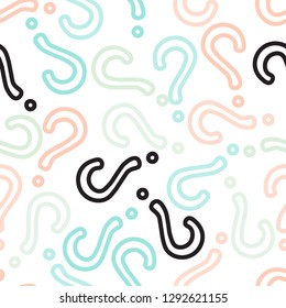 Quiz seamless pattern. Question marks, doubt, faq background. Simple endless repeating motif. Poll, survey, interrogation, query background. Template for opinion poll, public pollVector illustration.
