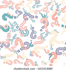 Quiz seamless pattern. Question marks, doubt, faq background. Simple endless repeating motif. Poll, survey, interrogation, query background. Template for opinion poll, public poll Vector illustration.
