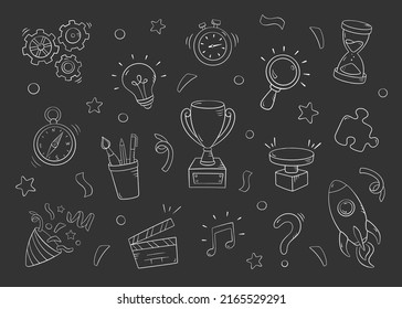 Quiz set in doodle style, vector illustration. Icon question symbol for print and design. Quiz and Exam concept, isolated element on black background. Collection of sign for school and event