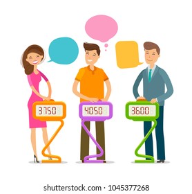 Quiz show, answer question. Players stand and press button. Cartoon vector illustration