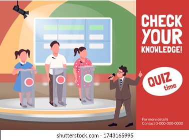 Quiz show banner flat vector template. Educational childish program brochure, poster concept design with cartoon characters. Trivia game, contest horizontal flyer, leaflet with place for text