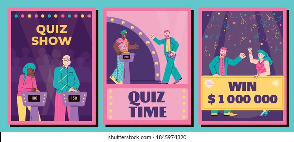 Quiz show banners or posters set with cartoon characters, flat vector illustration on bright background. Quiz intellectual competition advertising posters bundle.