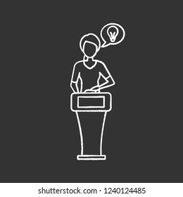 Quiz show chalk icon. Thinking. Smart decision. Player of intellectual game. Woman answering question at quiz show stand. Contestant. Trivia contest. Isolated vector chalkboard illustration