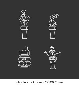 Quiz show chalk icons set. Intellectual game winner, loser, buzzer systems, thinking player. Isolated vector chalkboard illustrations