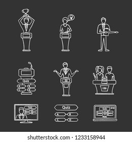 Quiz Show Chalk Icons Set. Intellectual Game Questions, Podiums, Buzzer Systems, Players, Pub Quiz, Online And Studio Games, Winners, Losers. Isolated Vector Chalkboard Illustrations