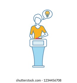 Quiz show color icon. Thinking. Smart decision. Player of intellectual game. Woman answering question at quiz show stand. Contestant. Trivia contest. Isolated vector illustration