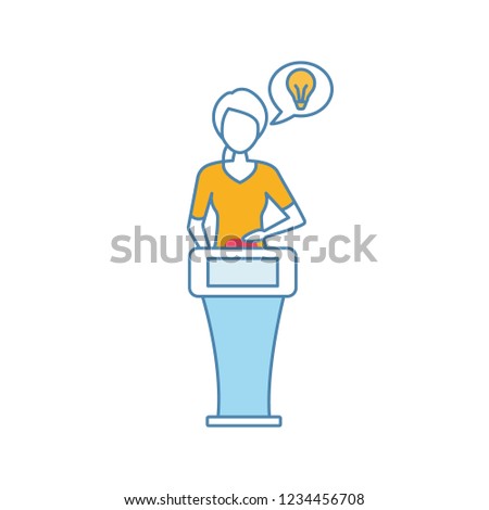 Quiz show color icon. Thinking. Smart decision. Player of intellectual game. Woman answering question at quiz show stand. Contestant. Trivia contest. Isolated vector illustration