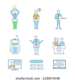 Quiz Show Color Icons Set. Intellectual Game Questions, Podiums, Buzzer Systems, Players, Pub Quiz, Online And Studio Games, Winners, Losers. Isolated Vector Illustrations