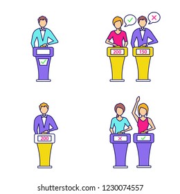 Quiz Show Color Icons Set. Intellectual Game Winner, Loser, Buzzer Systems, Players. Isolated Vector Illustrations