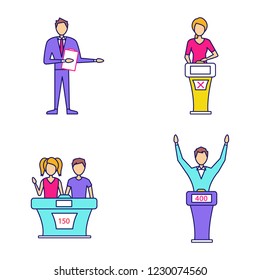 Quiz Show Color Icons Set. Game Show Host, Winner And Loser, Buzzer Systems, Quiz Bowl. Isolated Vector Illustrations