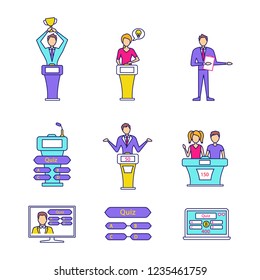 Quiz Show Color Icons Set. Intellectual Game Questions, Podiums, Buzzer Systems, Players, Pub Quiz, Online And Studio Games, Winners, Losers. Isolated Vector Illustrations