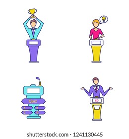 Quiz Show Color Icons Set. Intellectual Winner, Loser, Buzzer Systems, Thinking Player. Isolated Vector Illustrations