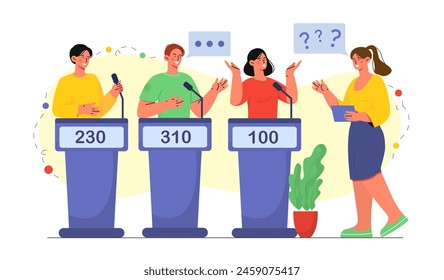 Quiz show concept. Men and women guests at television broadcast. Competitors answer to question from host, knowledge tournament. Cartoon flat vector illustration isolated on white background