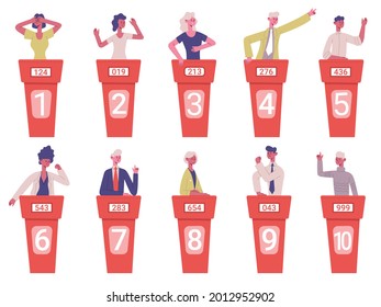 Quiz show. Entertainment TV competitive game, quiz puzzle questions television game show vector illustration set. Television quiz show with characters standing and answering, scores results