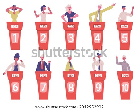 Quiz show. Entertainment TV competitive game, quiz puzzle questions television game show vector illustration set. Television quiz show with characters standing and answering, scores results