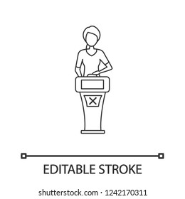 Quiz show fail linear icon. Wrong answer. Thin line illustration. Player of intellectual game. Woman answering question at quiz show stand with buzzer system. Vector isolated drawing. Editable stroke