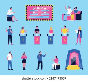 Quiz show flat set with characters of tv hosts contestants studio interior elements isolated on blue background vector illustration