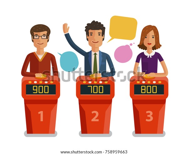 クイズ番組 ゲームのコンセプト スタンドに立った質問に答えるプレイヤーとボタン ベクターフラットイラスト のベクター画像素材 ロイヤリティフリー
