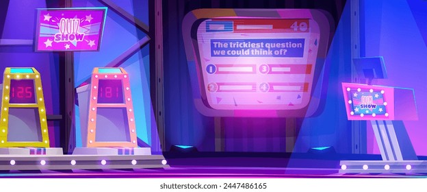 Quiz show game stage in tv studio for contest. Television competition program for knowledge and talent test on channel. Puzzle answer on screen. Neon tournament interior for entertainment live event