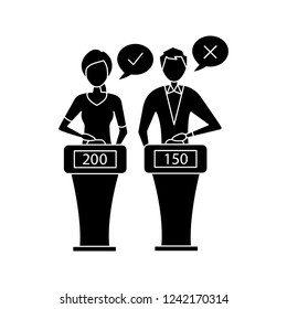 Quiz show glyph icon. Players of intellectual game answering questions. Contestants of quiz game pressing button standing at buzzer system. Silhouette symbol. Vector isolated illustration