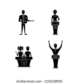 Quiz Show Glyph Icons Set. Game Show Host, Winner And Loser, Buzzer Systems, Quiz Bowl. Silhouette Symbols. Vector Isolated Illustration