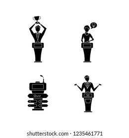 Quiz Show Glyph Icons Set. Intellectual Winner, Loser, Buzzer Systems, Thinking Player. Silhouette Symbols. Vector Isolated Illustration