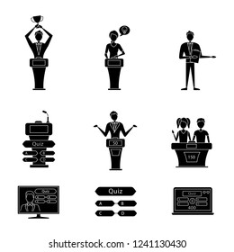 Quiz Show Glyph Icons Set. Intellectual Game Questions, Podiums, Buzzer Systems, Players, Pub Quiz, Online And Studio Games, Winners, Losers. Silhouette Symbols. Vector Isolated Illustration