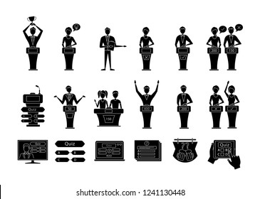 Quiz Show Glyph Icons Set. Intellectual Game Questions, Podiums, Buzzer Systems, Players. Quiz TV Show, Online And Studio Games, Bar Trivia. Silhouette Symbols. Vector Isolated Illustration