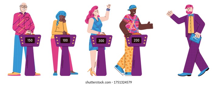 Quiz show host and players cartoon characters, flat vector illustration isolated on white background. Television quiz game intellectual and entertainment competition.
