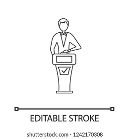 Quiz show linear icon. Right answer. Thin line illustration. Player of intellectual game. Man correct answering question at quiz show stand with buzzer system. Vector isolated drawing. Editable stroke