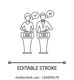 Quiz show linear icon. Thin line illustration. Players of intellectual game answering questions. Contestants of quiz game pressing button standing at buzzer. Vector isolated drawing. Editable stroke