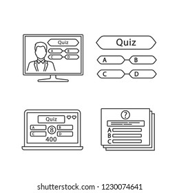 Quiz Show Linear Icons Set. Intellectual Game Question, Online And TV Quiz. Thin Line Contour Symbols. Isolated Vector Outline Illustrations. Editable Stroke