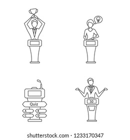 Quiz show linear icons set. Intellectual winner, loser, buzzer systems, thinking player. Thin line contour symbols. Isolated vector outline illustrations. Editable stroke