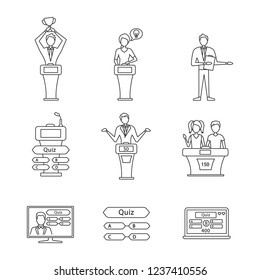 Quiz Show Linear Icons Set. Intellectual Game Questions, Podiums, Buzzer Systems, Players, Pub Quiz, Online And Studio Games, Winners, Losers. Isolated Vector Outline Illustrations. Editable Stroke