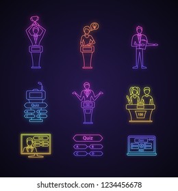 Quiz Show Neon Light Icons Set. Intellectual Game Questions, Podiums, Buzzer Systems, Players, Pub Quiz, Online And Studio Games, Winners, Losers. Glowing Signs. Vector Isolated Illustrations