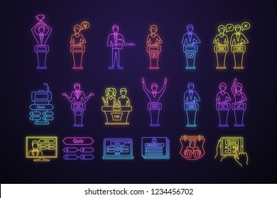 Quiz Show Neon Light Icons Set. Intellectual Game Questions, Podiums, Buzzer Systems, Players. Quiz TV Show, Online And Studio Games, Bar Trivia. Glowing Signs. Vector Isolated Illustrations