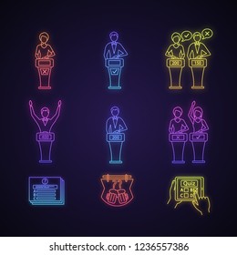 Quiz Show Neon Light Icons Set. Intellectual Game Questions, Buzzer Systems, Players, Quiz Bowl, Online, TV, Studio Games, Winners, Losers, Show Host. Glowing Signs. Vector Isolated Illustrations