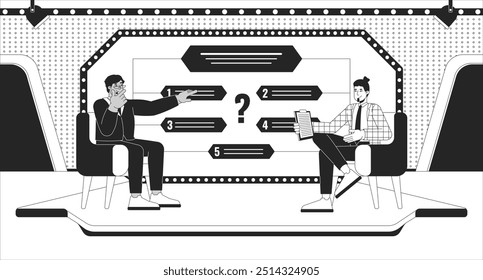 Espectáculo de prueba en la ilustración de línea en blanco y negro de TV. Anfitrión sugiriendo preguntas de opción múltiple a los personajes concursantes 2D de fondo monocromo. Trivia show game television outline Vector Imagen