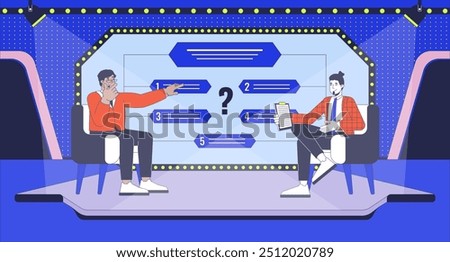 Quiz show on TV flat illustration. Host suggesting multiple choice questions to contestant 2D characters cartoon background. Trivia show game television broadcasting scene vector storytelling image