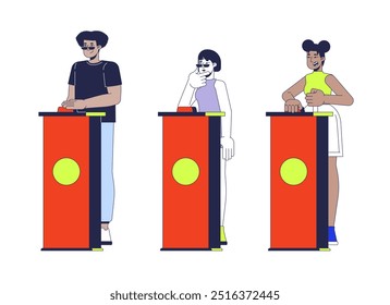 Quiz show participantes de pé por trás do buzzer podiums 2D personagens de desenhos animados set. Trivia jogo concorrentes multiculturais isolados pessoas vetor plano em fundo branco. Coleção de ilustrações especiais