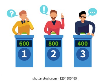 Quiz show people. Tv contest answering persons with podium. Cartoon conundrum, tv show vector concept